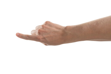 Man hand pointing with right index finger isolated on white