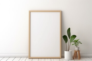 Rectangular vertical frame poster mockup, Scandinavian style interior with home decoration on the floor Empty neutral white wall background. ai generative