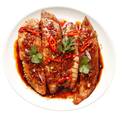 Top view of Thai food Pla Rad Prik (Fried Fish with Chili Sauce) isolated on a white transparent background 