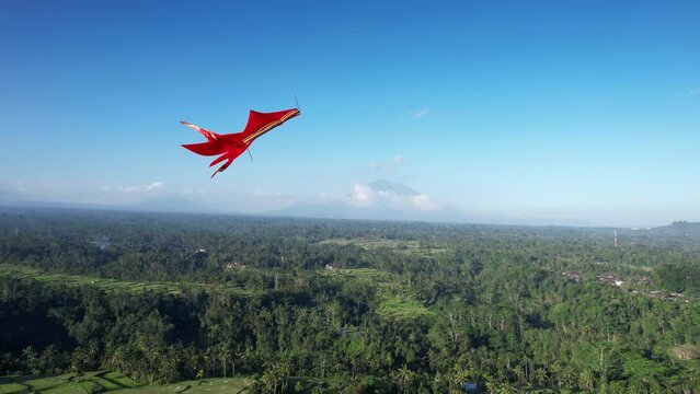 Big red kite soaring high over green landscape, aerial camera shows close view of kite in flight. Traditional Balinese recreation, popular at windy season across all island. Agung mountain on back