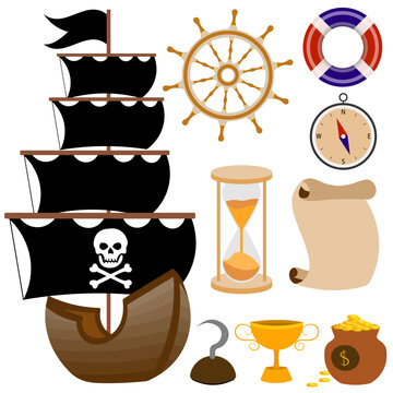 Pirate adventure.  Pirate set with a ship, compass, steering wheel. Pirates party kids adventure.