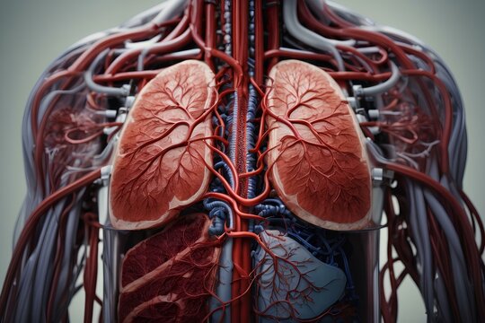 A photo realistic image of a human torso with the skin removed to show the internal organs and circulatory system. The image is focused on the lungs, which are a pinkish-red color and have a detailed 