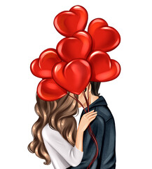 Young couple with red balloons. Valentine's Day greeting card