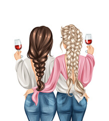 Brunette girl and blonde girl with glasses of wine. Fashion illustration of two girls drinking wine