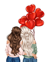 Two girls blonde and brunette with red heart balloons. Fashion illustration of two girls celebrating