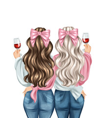 Two girls with glasses of wine. Fashion illustration of two girls drinking wine