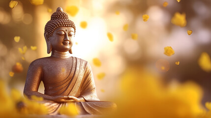 Buddha statue near flowers, blurred golden background 2