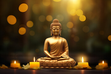 Buddha statue among candles and flowers, blurred golden background 5