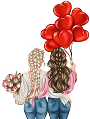 Two girls with red heart balloons and bouquet of flowers. Fashion illustration of two girls celebrating
