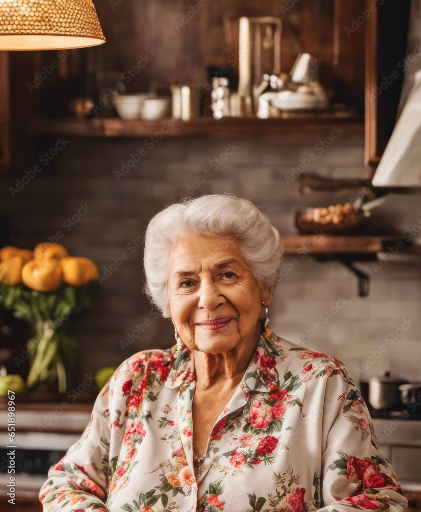 Wall mural Elderly woman in her kitchen at home with copy space