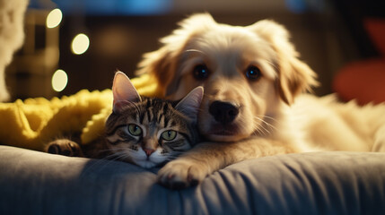 Cat and dog together on the sofa. ai generative