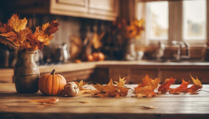 Autumn kitchen with pumpkin and leaves decoration with copy space - obrazy, fototapety, plakaty