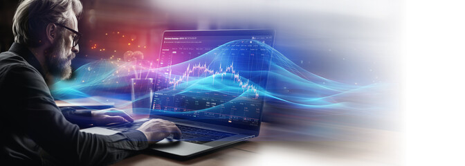 Senior businessman working on computer monitor with glowing forex chart. Investment and trading concept. Trading market banner