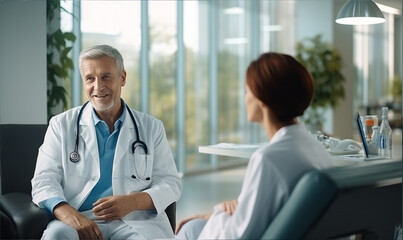 Fototapeta premium Young doctor woman talking with senior male doctor supervisor while sitting in medical office interior