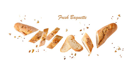 Whole and cutting fresh baked loaf wheat baguette bread  with crumbs and seeds flying isolated on white background.