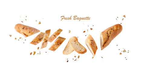 Whole and cutting fresh baked loaf wheat baguette bread  with crumbs and seeds flying isolated on white background.