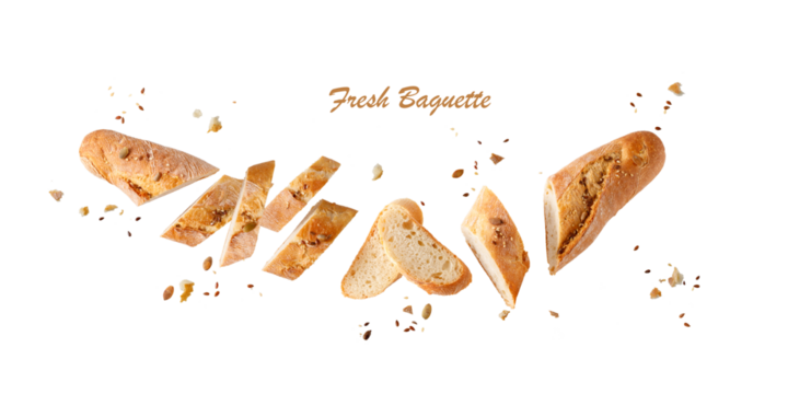 Whole and cutting fresh baked loaf wheat baguette bread  with crumbs and seeds flying isolated on white background.