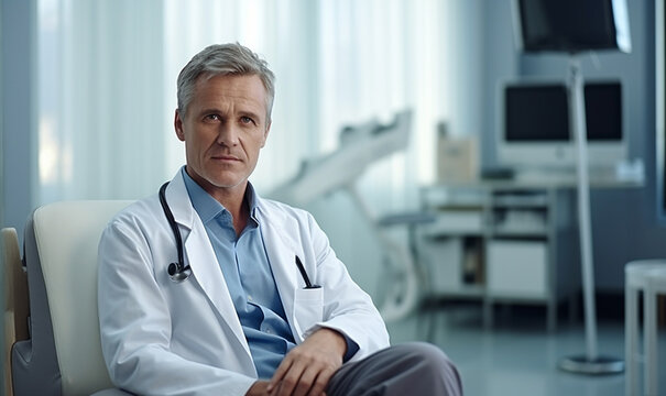Doctor sitting in modern medical office interior room