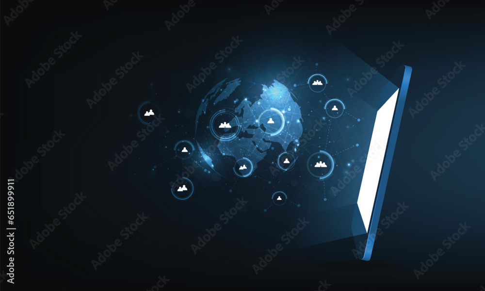 Poster Communication and Social media network concept.Social media network and remote work hologram on a dark blue background.Hi-tech digital technology concept.	