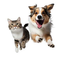 Cat and dog running together isolated on white background