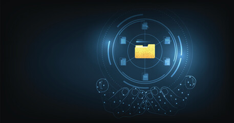 Document management and digital document paperless operation concept. Document management and Data transfer through cloud technology with modern internet technology on the dark blue background.