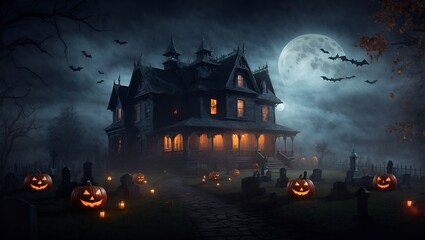 Fototapeta na wymiar Haunted Halloween House and Graveyard with Pumpkins