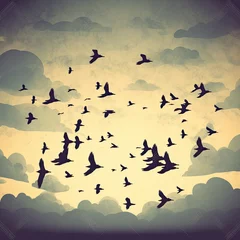 Fotobehang Vector illustration of a flock of birds flying in the sky, pastel colors. A silhouette of flocks of wild geese against the backdrop of dark grey and light beige tones. Dreamy atmosphere, mood. Freedom © grooveisintheheart