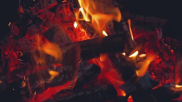 Cozy relaxing fireplace. Close-up TV screensaver. Fireplace with medium flame. Christmas holidays concept. Meditation video