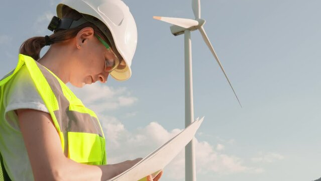 A brave and skilled female engineer controls the operation wind turbine, ensuring sustainable electricity production, which provides an alternative to traditional sources electricity. Wind power plant