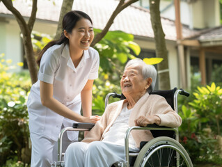 Fototapeta na wymiar Asian female nurse accompanying senior woman patient in wheelchair, home care concept for retirement day
