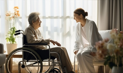 Fototapeta premium Doctor caregiver wearing uniform comforting and talking with senior woman, treatment, empathy and care.