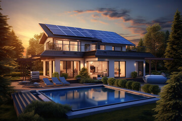 solar panels on roof of the house. renevable energy, green power concept - obrazy, fototapety, plakaty