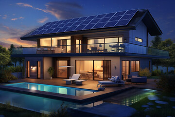 Fototapeta premium Close up of a new building with solar panels on the roof at modern home.