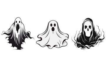 Cool Halloween ghosts, outline drawing line art doodle holiday vector