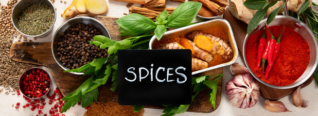 Colourful various herbs and spices for cooking.