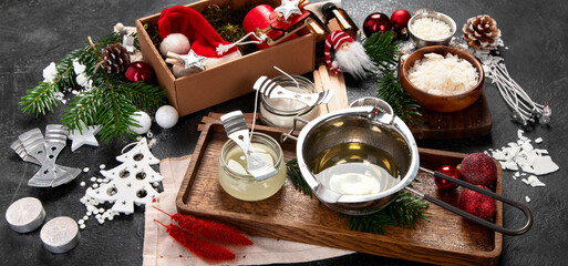 Making decorative aroma candle. Set for homemade Christmas wax candles