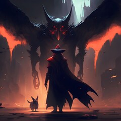 a small wizard in the foreground stares down a winged demon in the background realistic 4k high contrast black red cinematic  - obrazy, fototapety, plakaty