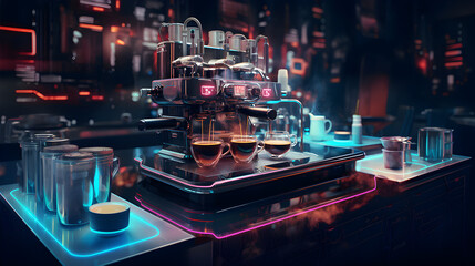 Futuristic coffee machine. Neon lighting.