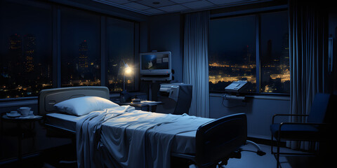 Hospital ward at night. Night city in the window. Medicine. Comfort. - obrazy, fototapety, plakaty