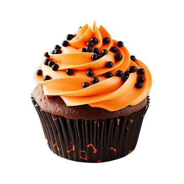 fotografia realista de una magdalena o cupcake de chocolate con merengue de color naranja y virutas de chocolate