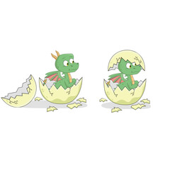 Cute cartoon green baby dragon hatching from egg white background	