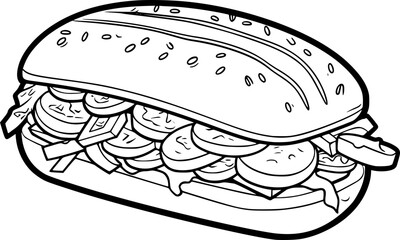 a black and white outline drawing of hotdog