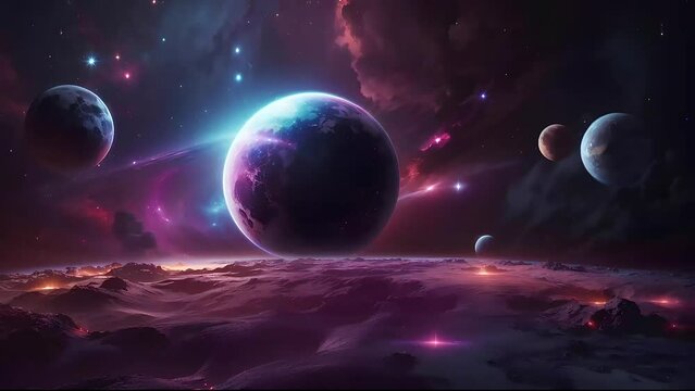 Video of space. Fictional galaxy, planets and stars moving around