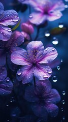 Bouquet of bright purple flowers with raindrops. Background for social media stories.