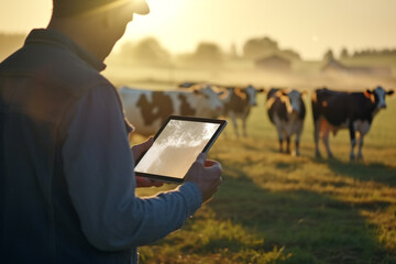 Farmer using tablet with blurred milk cow background