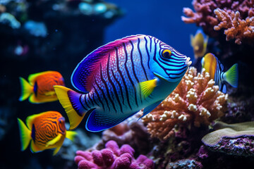 Naklejka na ściany i meble Beautiful sea life under the sea with colorful of coral, fishes, animals, shells