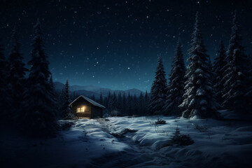 Beautiful landscape of cabin in snow winter season at night time in the forest with stars in the sky.