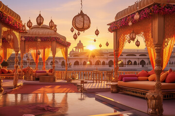 Indian style terrace, wedding decoration at sunset, warm backgrounds - 651905180