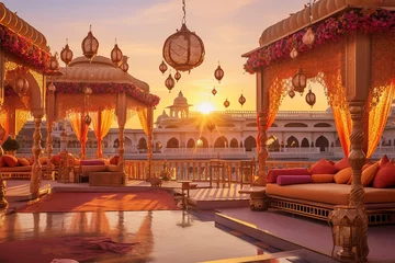 Fototapeten Indian style terrace, wedding decoration at sunset, warm backgrounds © castecodesign