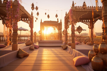 Indian style terrace, wedding decoration at sunset, warm backgrounds - 651905191